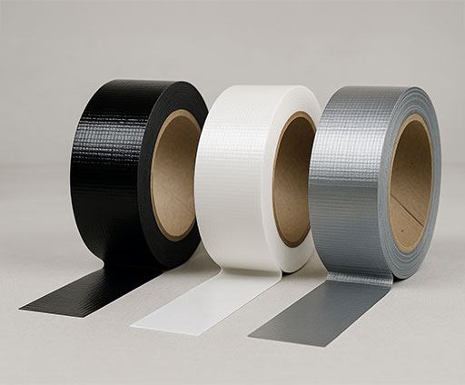 Unsere Gewebeband Auswahl in den Farben Schwarz, Weiß und Silber Drei leicht abgerollte Gewebebänder in schwarz, weiß und silber