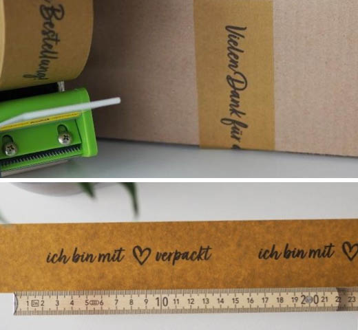 Papier Klebeband mit vorgedruckten Motiven für eine emotionale Kundenansprache Papier Klebeband mit den Motiven "mit Liebe verpackt" und "vielen Dank für deine Bestellung"