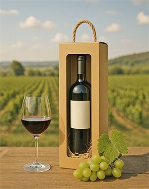 Präsentierte Weinflasche in einem Weinkarton in einer klassischen Weinumgebung