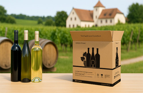 Weinkarton und Weinflaschen stehen auf einem Tisch vor einem Weingut