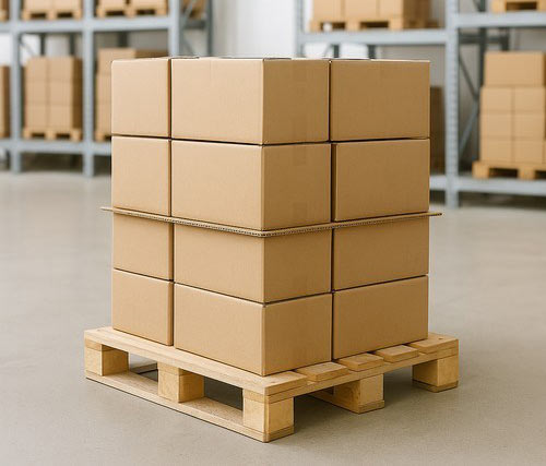 Wellpappe-Zuschnitt liegt zwischen aufgestapelten Kartons Anwendungsbeispiel eines Wellpappe Zuschnitts