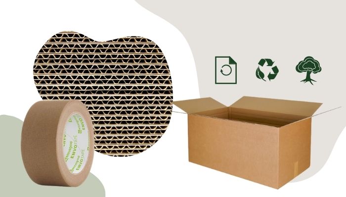 Grafik mit nachhaltigem Karton und Klebeband und Nachhaltigkeitssymbolen