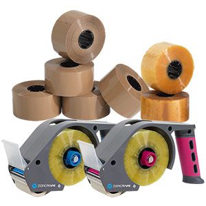ZeroTape Packband-Abroller in blau und pink mit passendem ZeroTape Klebeband